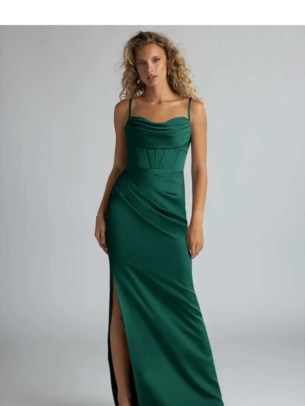 Azazie Emerald Green Satin Spaghetti Strap Maxi Dress